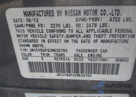 2012 Infiniti G37 Journey from USA, damaged, VIN JN1CV6AP4CM629760